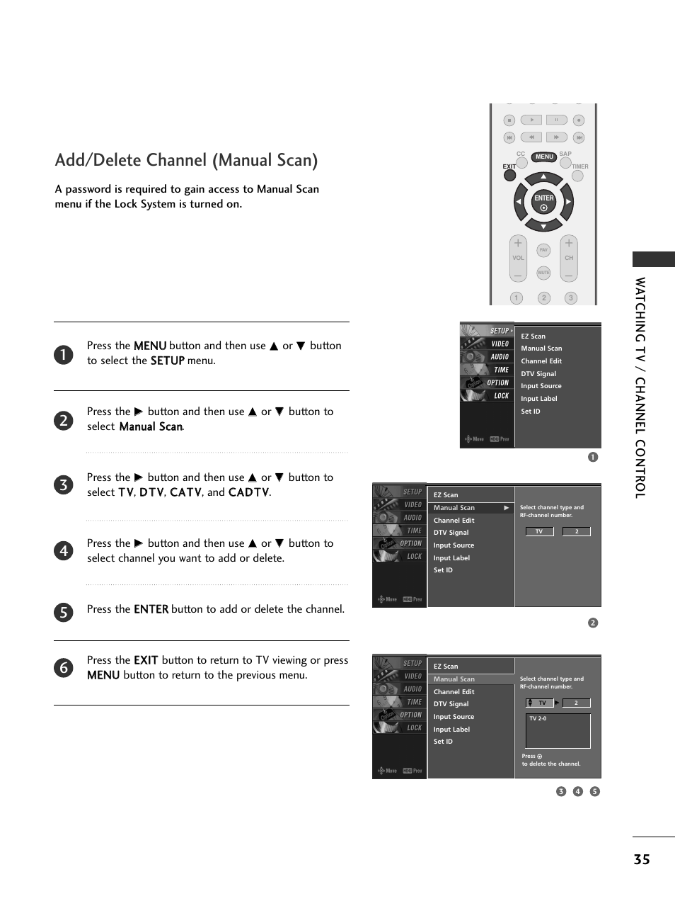 Add/delete channel (manual scan), Watching tv / channel contr ol | LG 42LC4D User Manual | Page 37 / 90