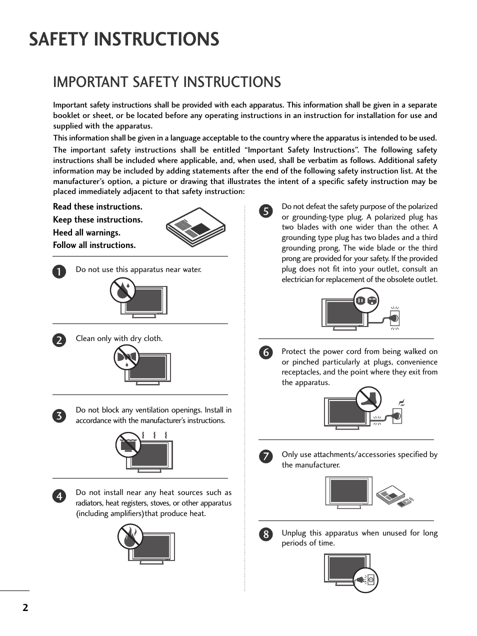 Safety instructions, Important safety instructions | LG 42LC4D User Manual | Page 4 / 90