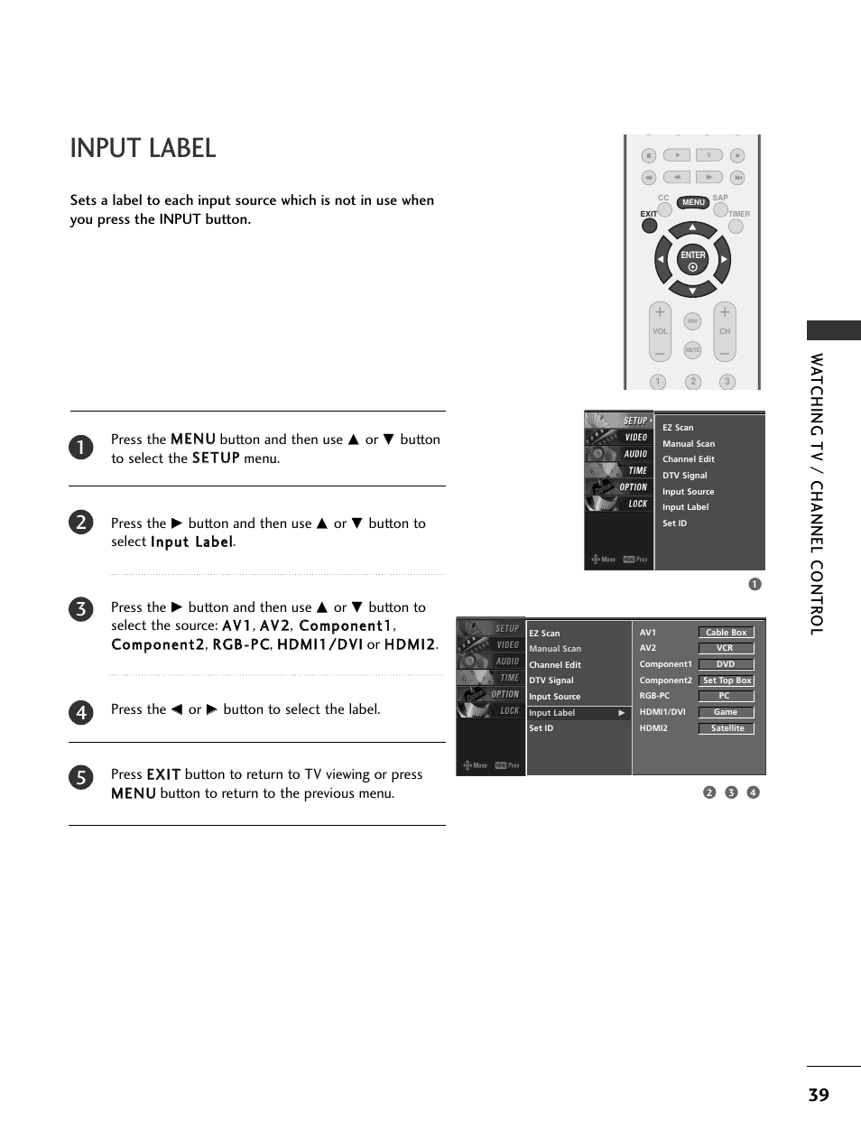 Input label, Watching tv / channel contr ol | LG 42LC4D User Manual | Page 41 / 90