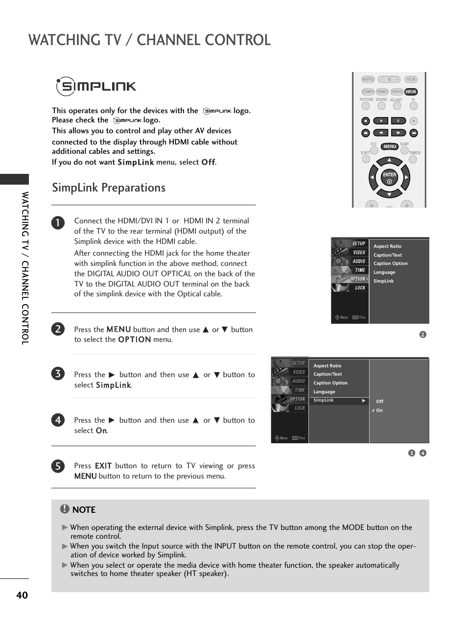 Simplink, Simplink preparations, Watching tv / channel control | Watching tv / channel contr ol | LG 42LC4D User Manual | Page 42 / 90