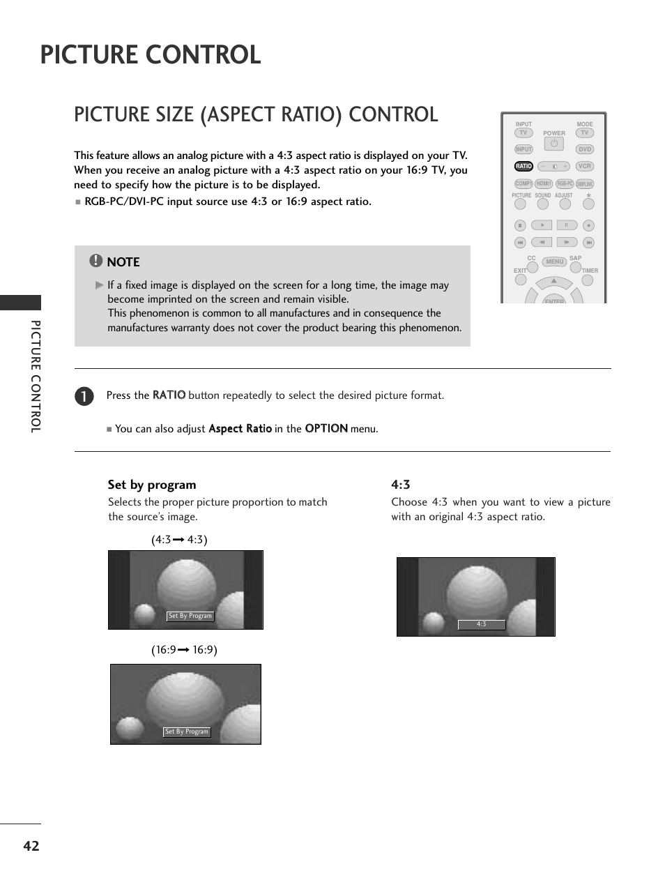 Picture control, Picture size (aspect ratio) control, Picture contr ol | Set by program | LG 42LC4D User Manual | Page 44 / 90