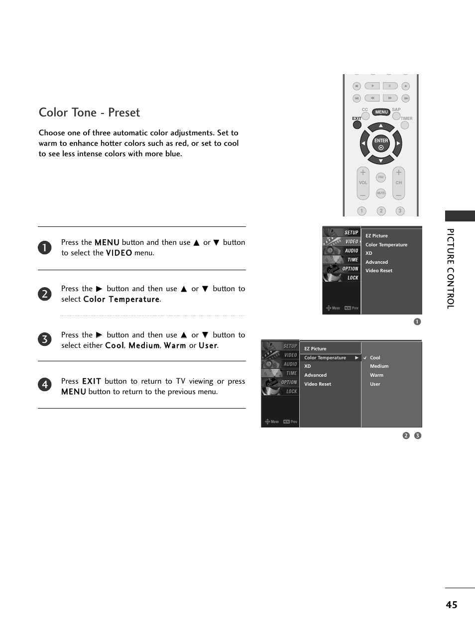 Color tone - preset, Picture contr ol | LG 42LC4D User Manual | Page 47 / 90