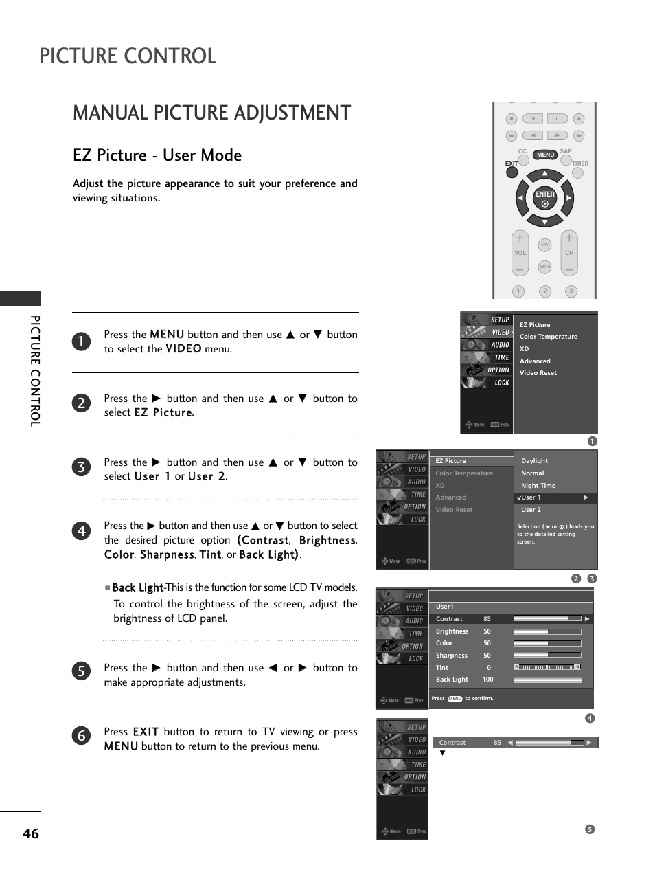 Manual picture adjustment, Ez picture - user mode, Picture control | Picture contr ol | LG 42LC4D User Manual | Page 48 / 90