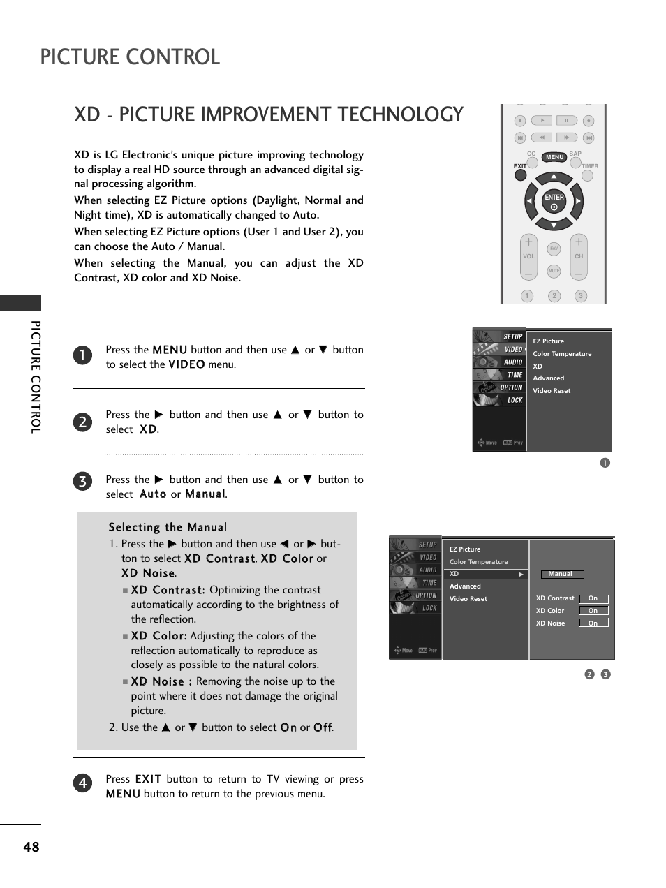 Xd - picture improvement technology, Picture control, Picture contr ol | LG 42LC4D User Manual | Page 50 / 90