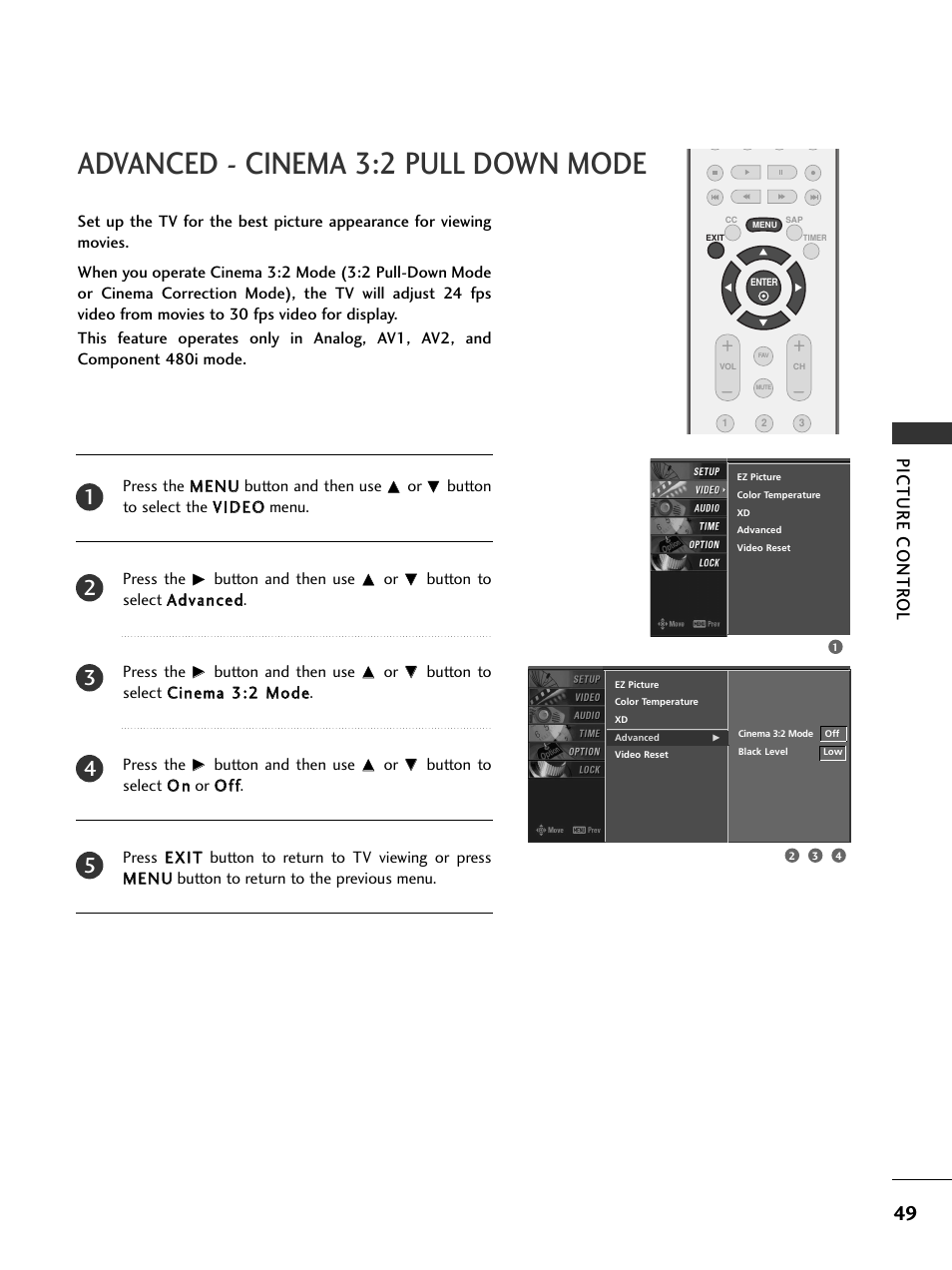 Advanced - cinema 3:2 pull down mode, Picture contr ol | LG 42LC4D User Manual | Page 51 / 90