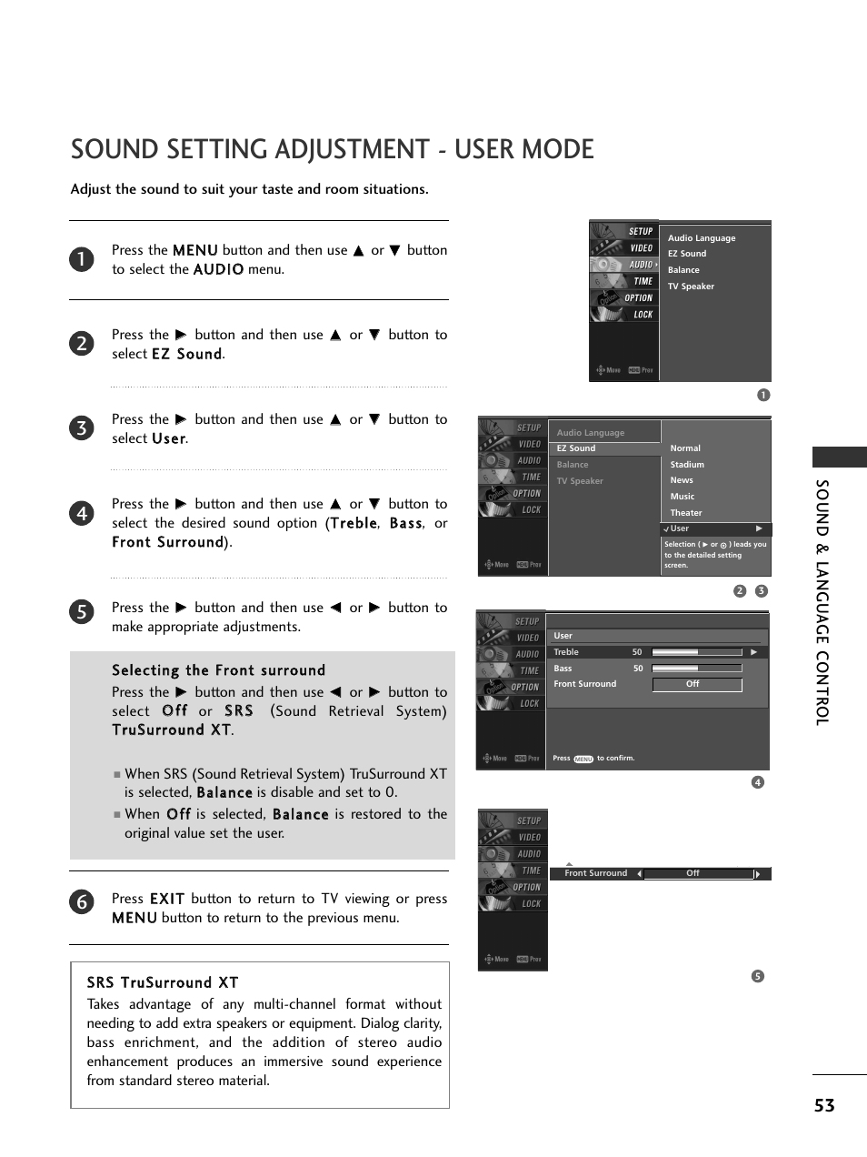 Sound setting adjustment - user mode, Sound & langu a ge contr ol | LG 42LC4D User Manual | Page 55 / 90