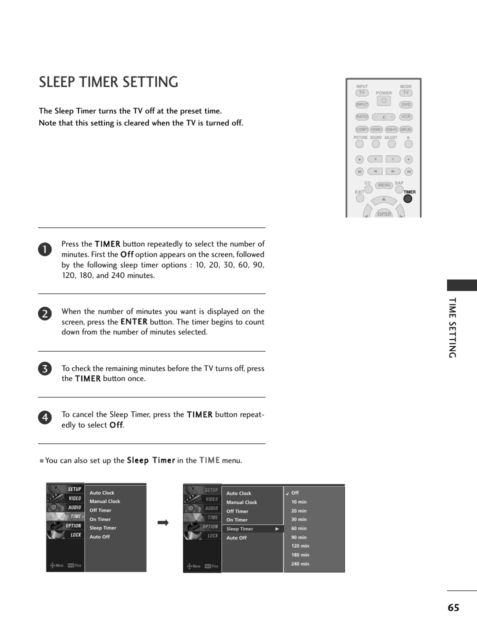 Sleep timer setting, Time setting | LG 42LC4D User Manual | Page 67 / 90