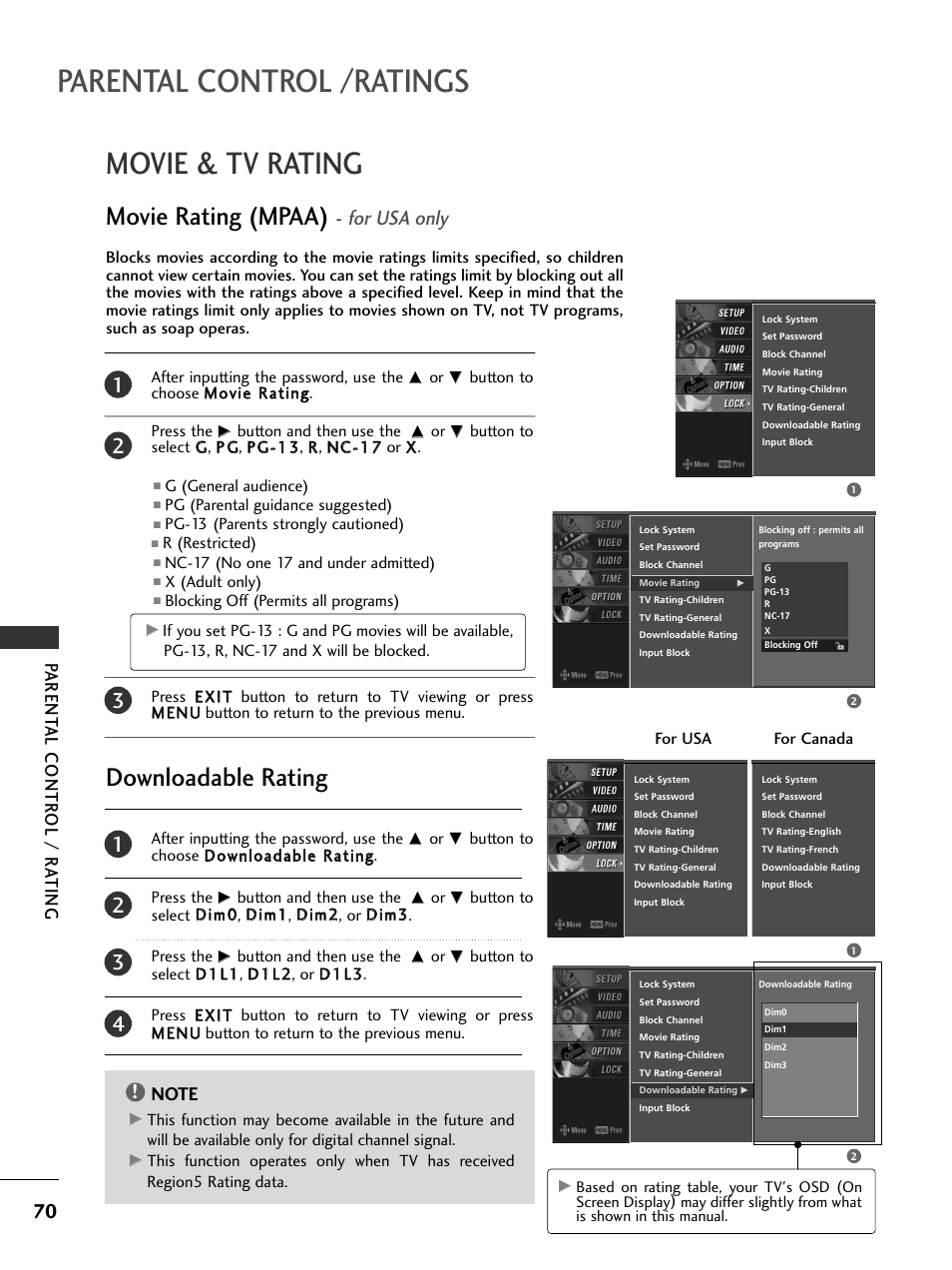 Movie & tv rating, Movie rating (mpaa) - for usa only, Downloadable rating | Parental control /ratings, Movie rating (mpaa), For usa only, Parent al contr ol / r ating | LG 42LC4D User Manual | Page 72 / 90