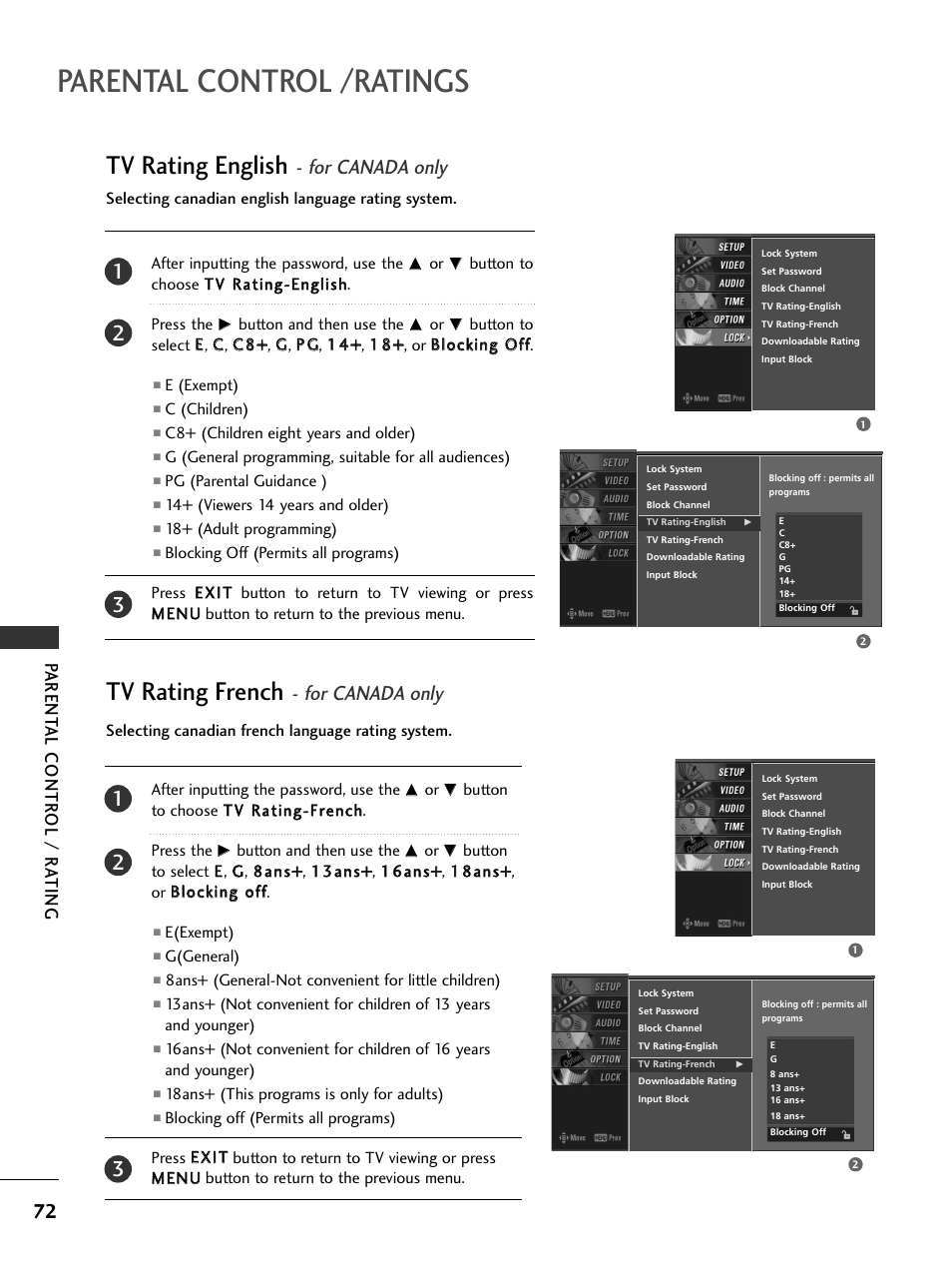 Tv rating english - for canada only, Tv rating french - for canada only, Parental control /ratings | Tv rating english, Tv rating french, For canada only, Parent al contr ol / r ating | LG 42LC4D User Manual | Page 74 / 90