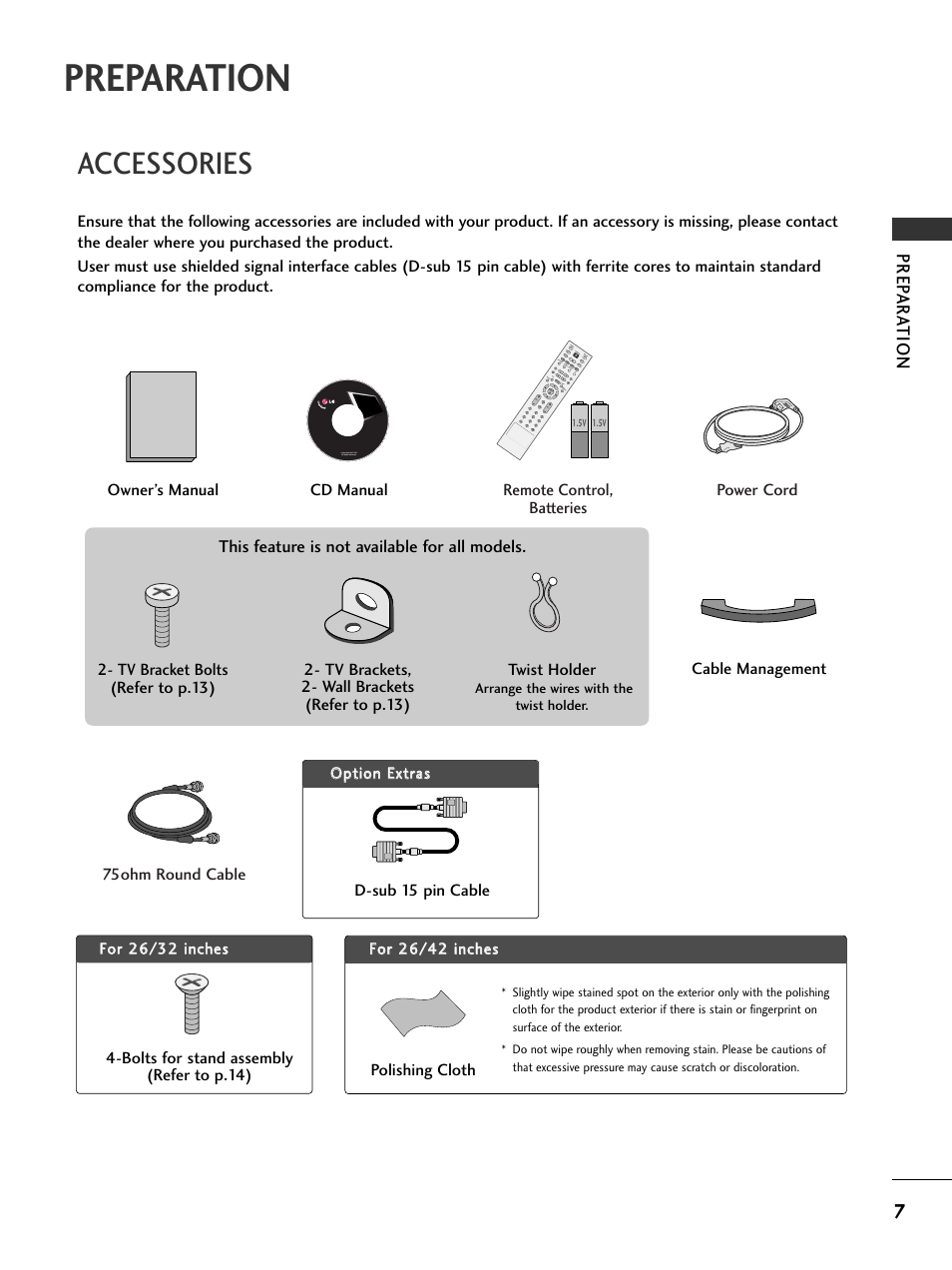 Preparation, Accessories, Prep ar at ion | This feature is not available for all models | LG 42LC4D User Manual | Page 9 / 90