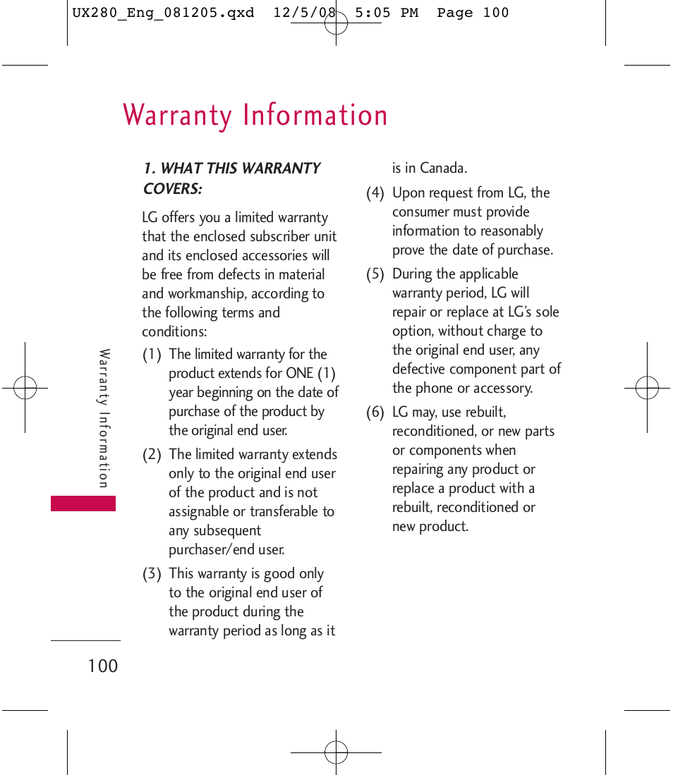 Warranty information | LG LGUX280 User Manual | Page 102 / 226