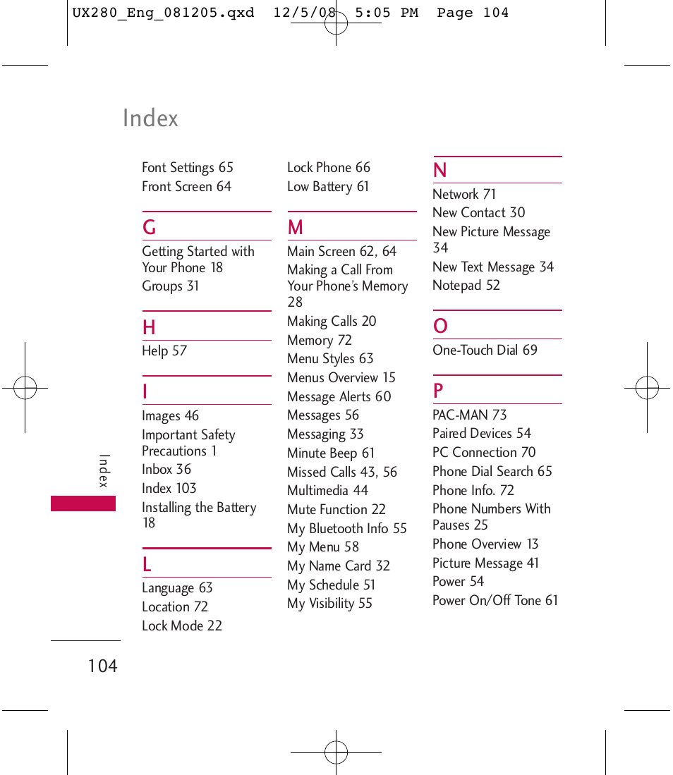 Index | LG LGUX280 User Manual | Page 106 / 226