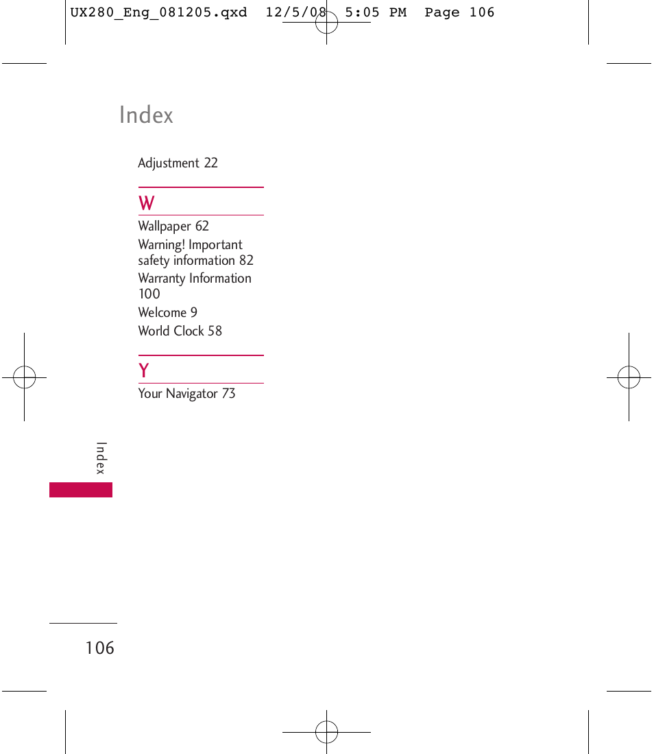 Index | LG LGUX280 User Manual | Page 108 / 226