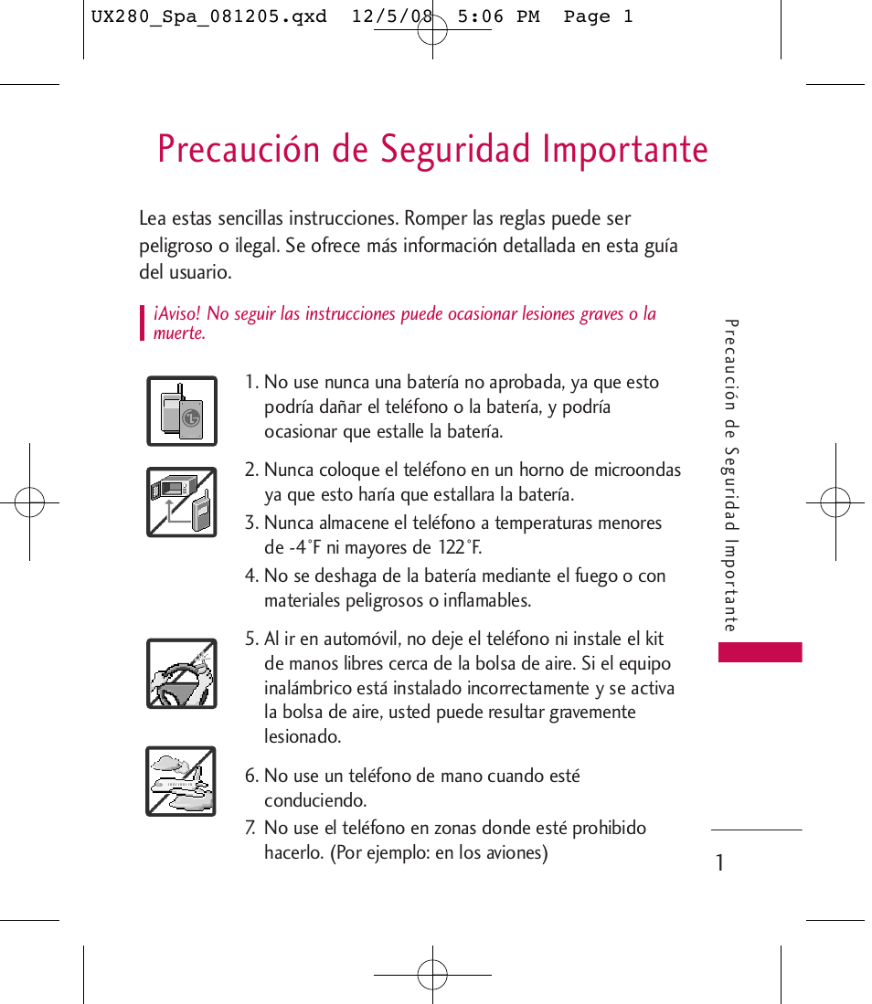 Precaución de seguridad importante | LG LGUX280 User Manual | Page 110 / 226