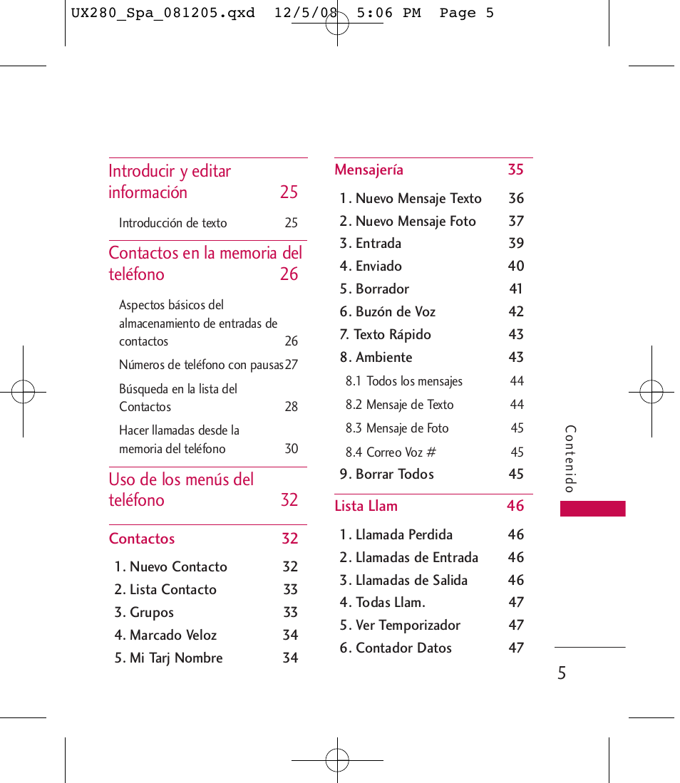 Introducir y editar información 25, Uso de los menús del teléfono 32 | LG LGUX280 User Manual | Page 114 / 226