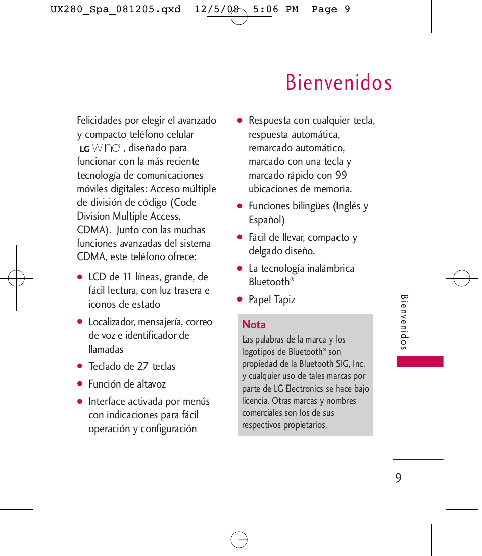 Bienvenidos, Nota | LG LGUX280 User Manual | Page 118 / 226