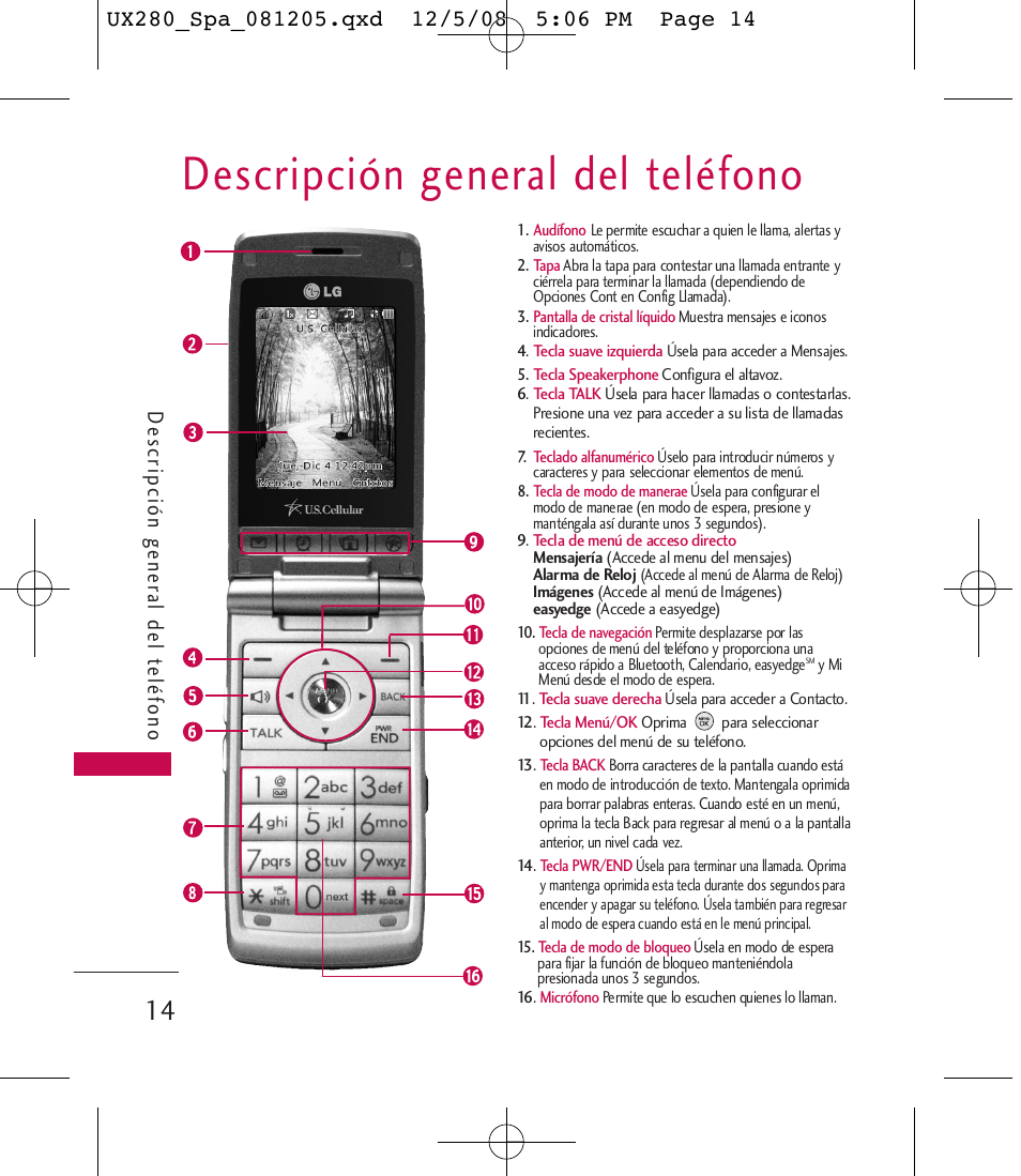 Descripción general del teléfono, De scripción gener al del t eléfono | LG LGUX280 User Manual | Page 123 / 226