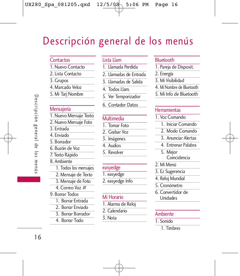 Descripción general de los menús | LG LGUX280 User Manual | Page 125 / 226