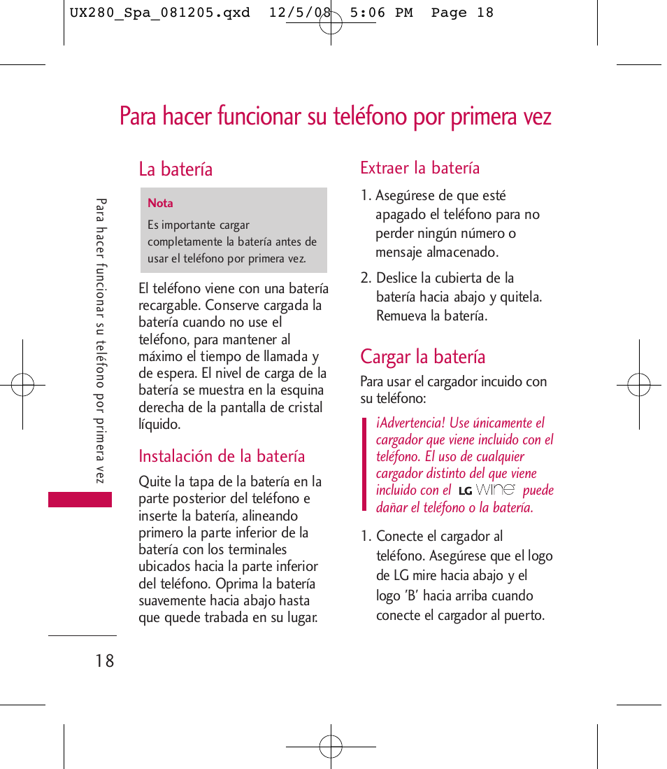 Para hacer funcionar su teléfono por primera vez, La batería, Cargar la batería | LG LGUX280 User Manual | Page 127 / 226