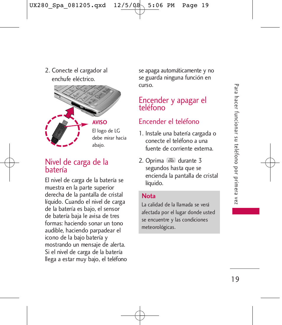 Nivel de carga de la batería, Encender y apagar el teléfono | LG LGUX280 User Manual | Page 128 / 226