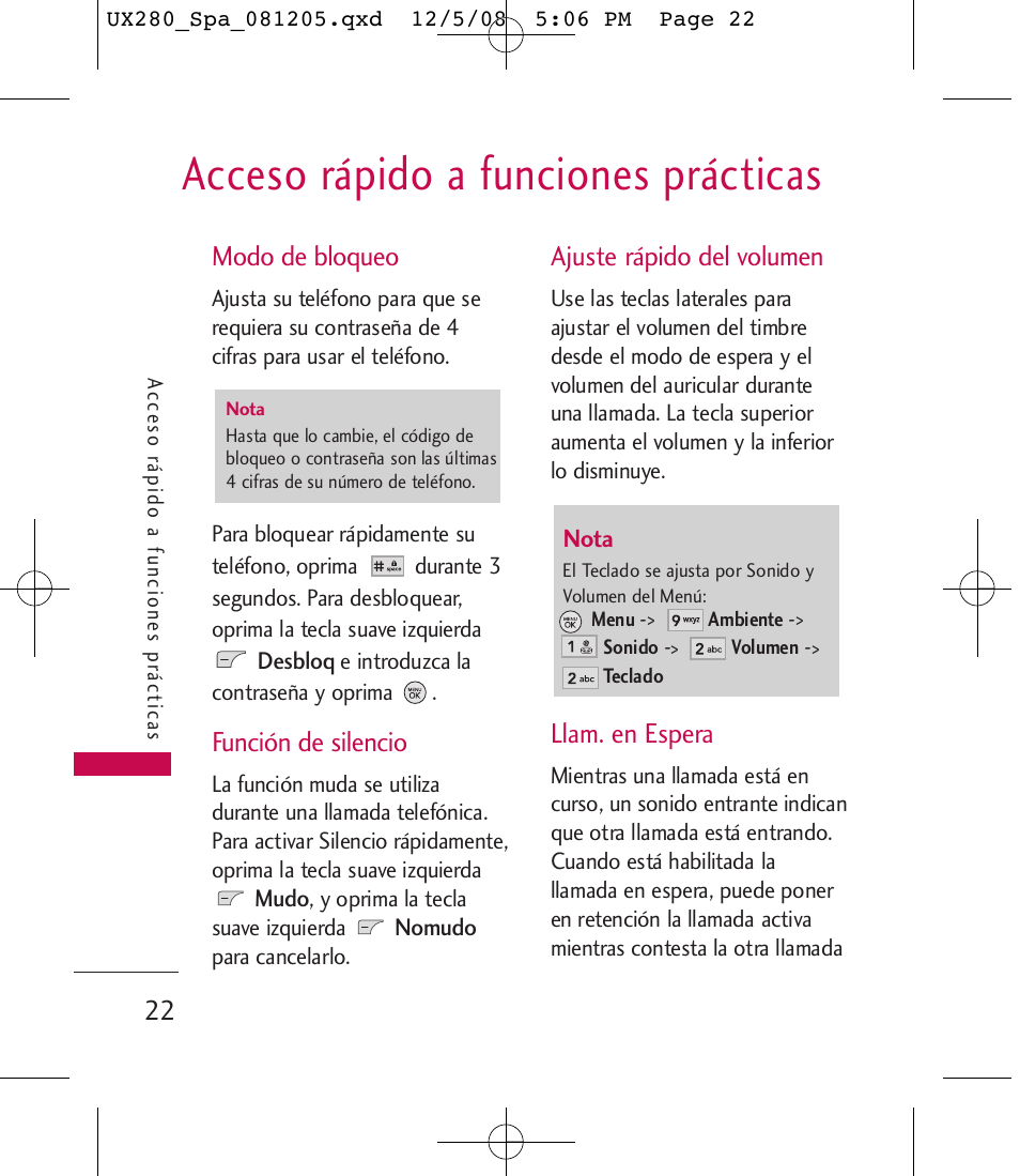 Acceso rápido a funciones prácticas, Modo de bloqueo, Función de silencio | Ajuste rápido del volumen, Llam. en espera | LG LGUX280 User Manual | Page 131 / 226