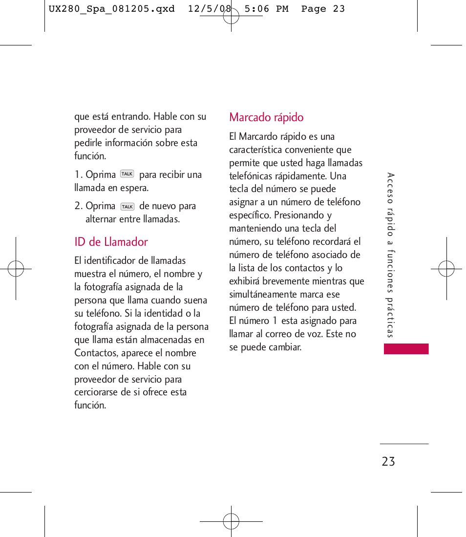 Id de llamador, Marcado rápido | LG LGUX280 User Manual | Page 132 / 226