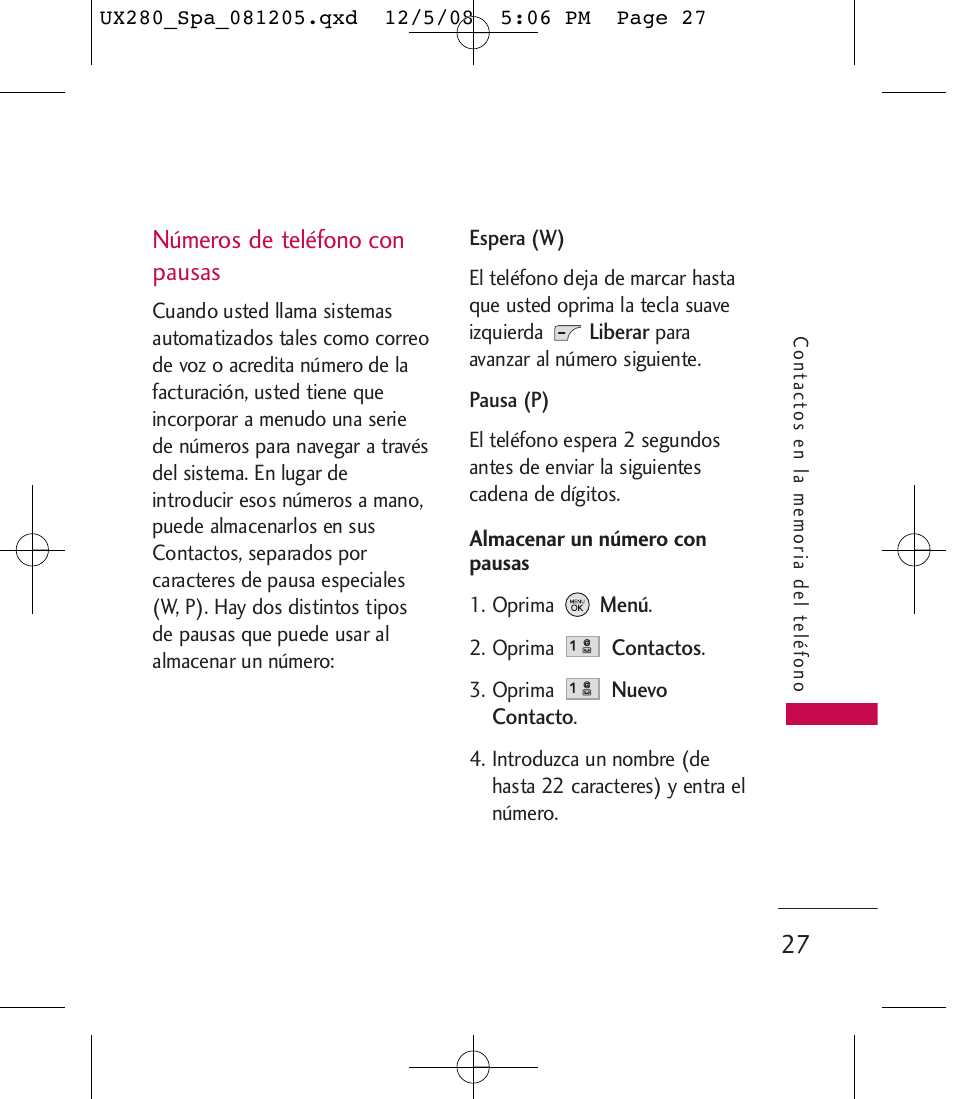 Números de teléfono con pausas | LG LGUX280 User Manual | Page 136 / 226