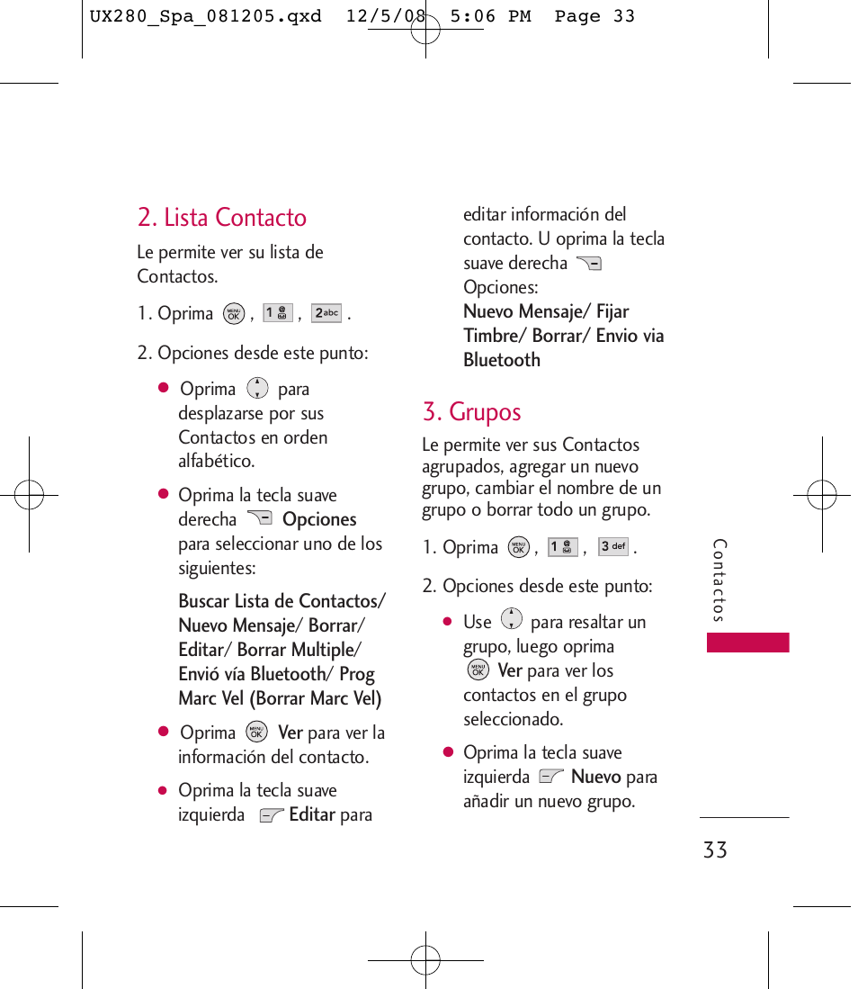 Lista contacto, Grupos | LG LGUX280 User Manual | Page 142 / 226