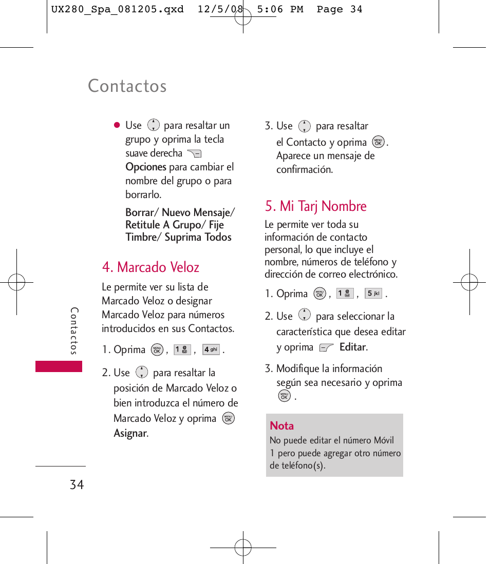 Contactos, Marcado veloz, Mi tarj nombre | LG LGUX280 User Manual | Page 143 / 226