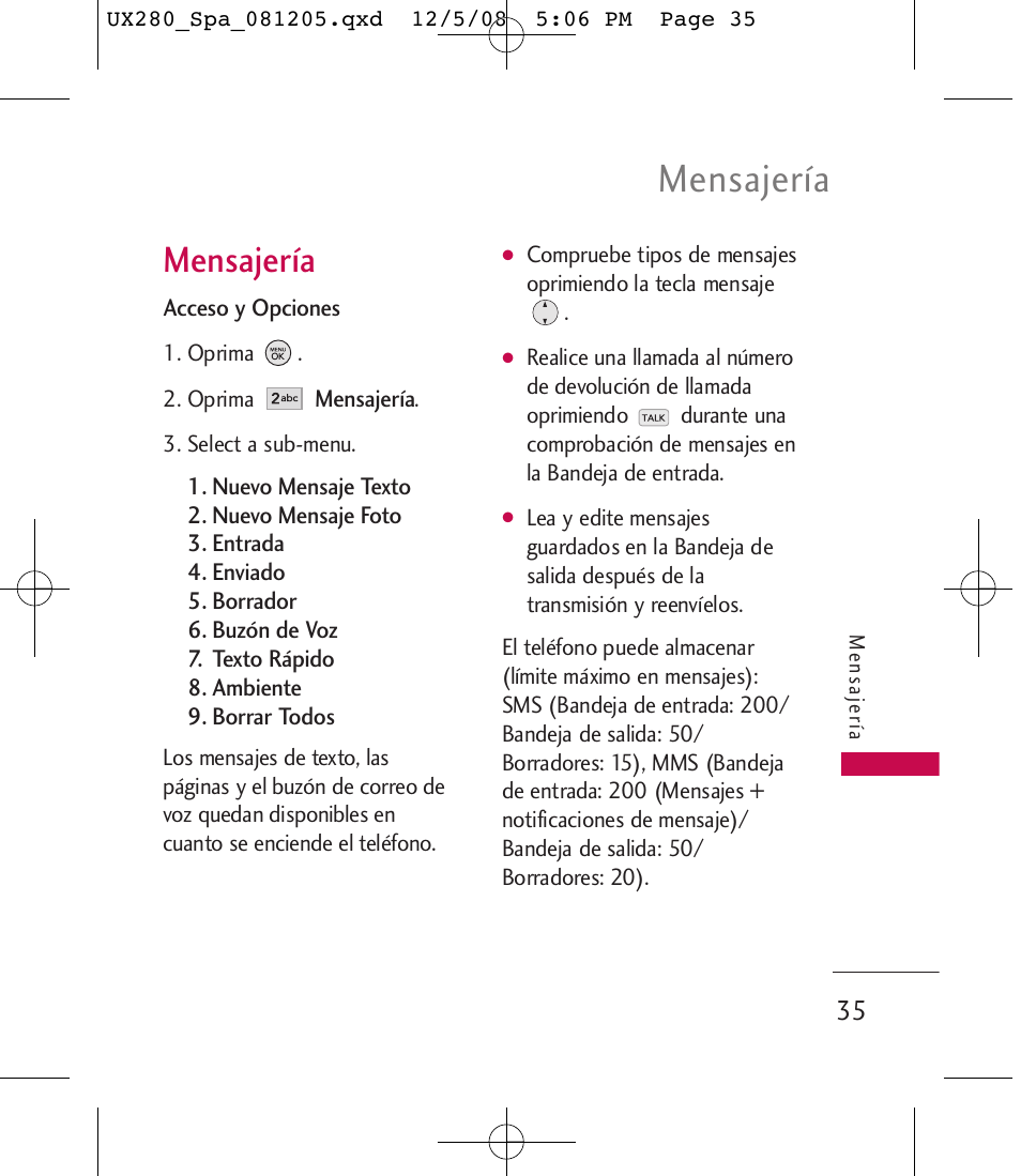 Mensajería | LG LGUX280 User Manual | Page 144 / 226