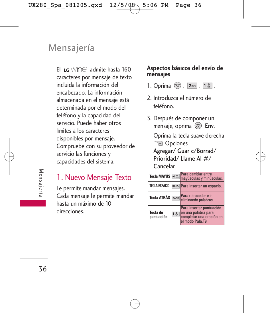 Mensajería, Nuevo mensaje texto | LG LGUX280 User Manual | Page 145 / 226