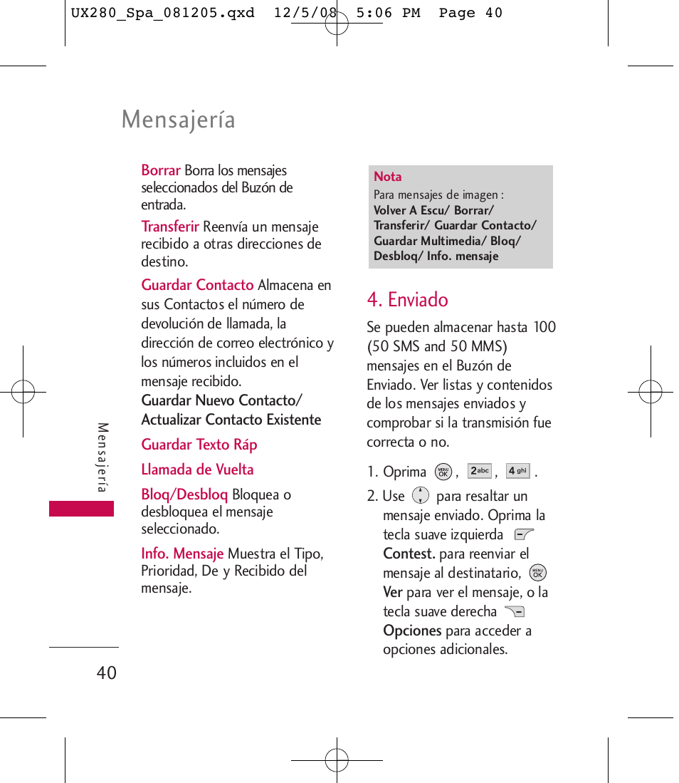 Mensajería, Enviado | LG LGUX280 User Manual | Page 149 / 226
