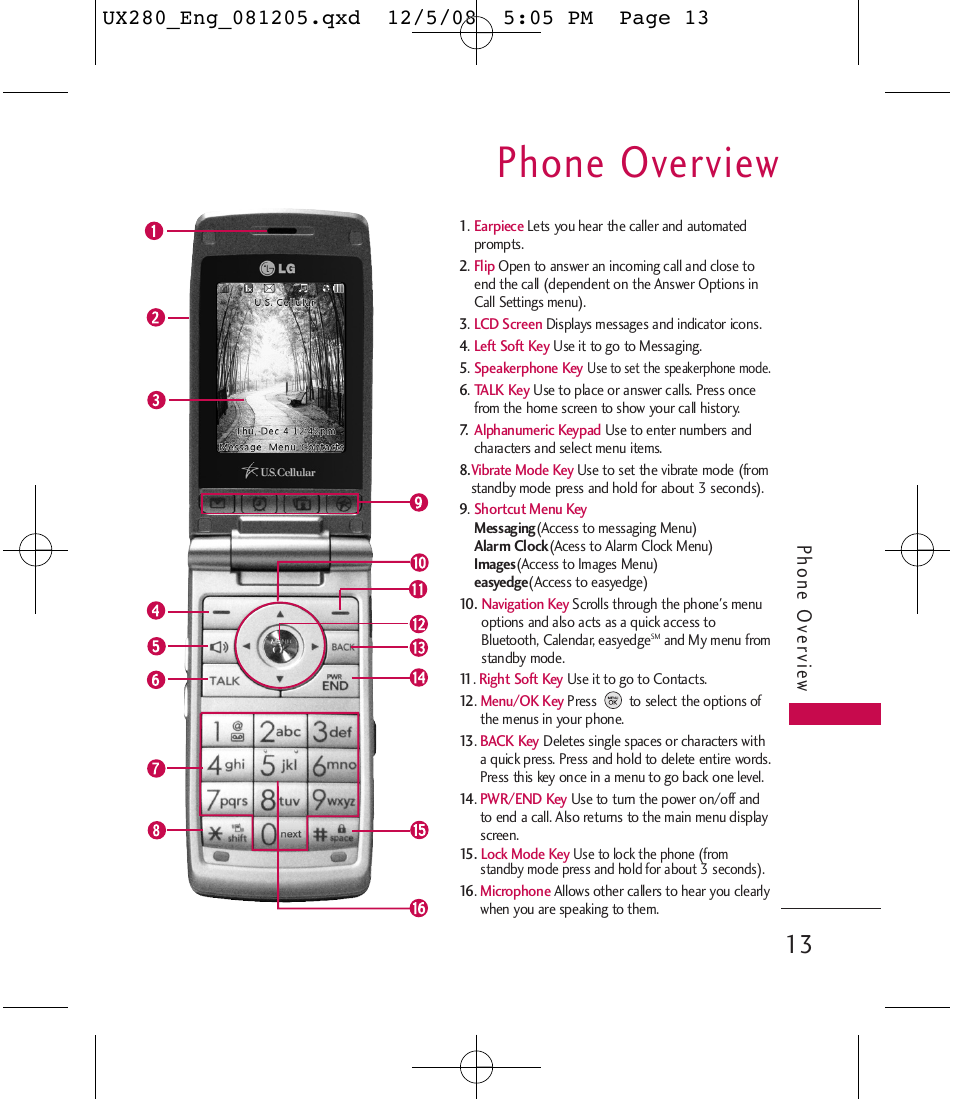 Phone overview, Phone ov ervie w | LG LGUX280 User Manual | Page 15 / 226