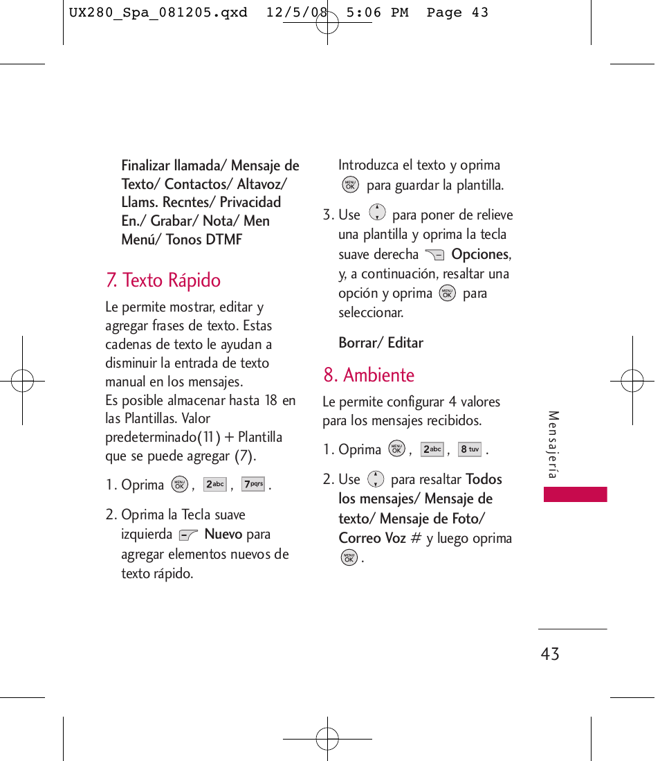 Texto rápido, Ambiente | LG LGUX280 User Manual | Page 152 / 226