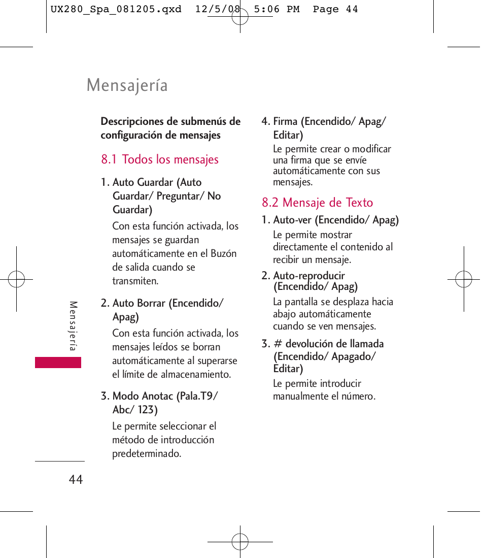 Mensajería | LG LGUX280 User Manual | Page 153 / 226