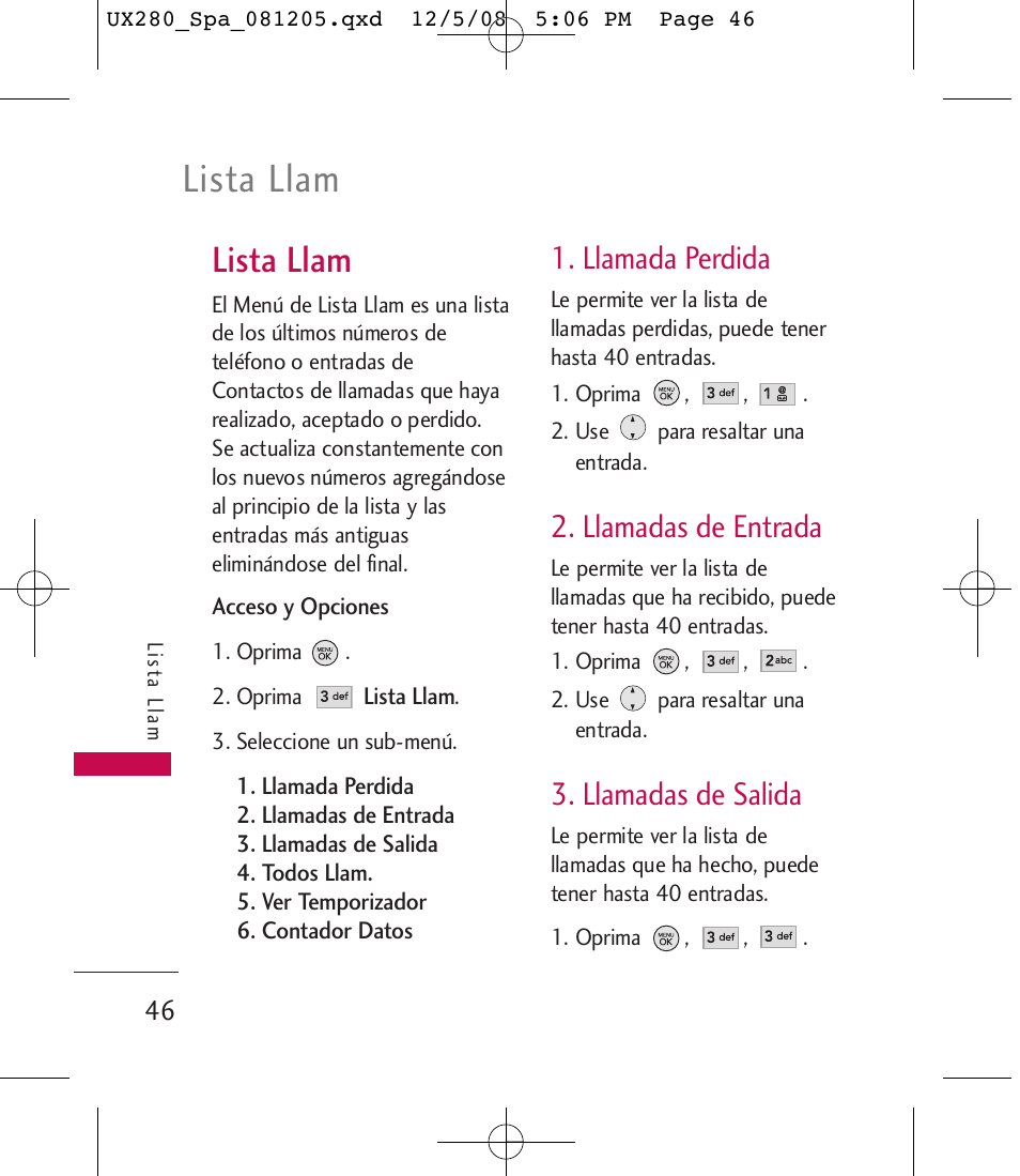 Lista llam, Llamada perdida, Llamadas de entrada | Llamadas de salida | LG LGUX280 User Manual | Page 155 / 226