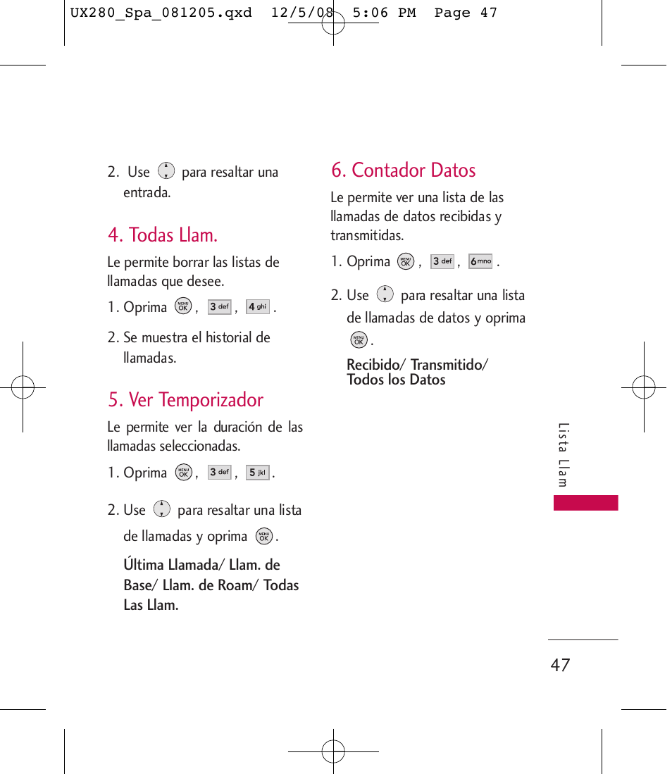 Todas llam, Ver temporizador, Contador datos | LG LGUX280 User Manual | Page 156 / 226