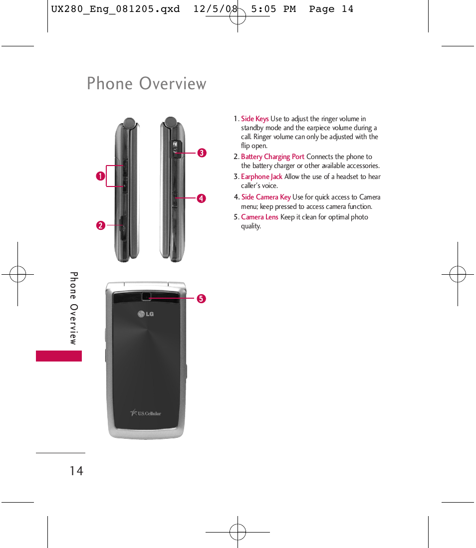 Phone overview | LG LGUX280 User Manual | Page 16 / 226