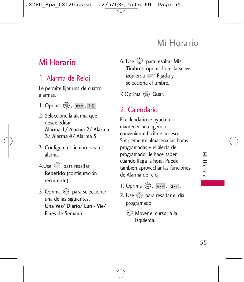 Mi horario, Alarma de reloj, Calendario | LG LGUX280 User Manual | Page 164 / 226