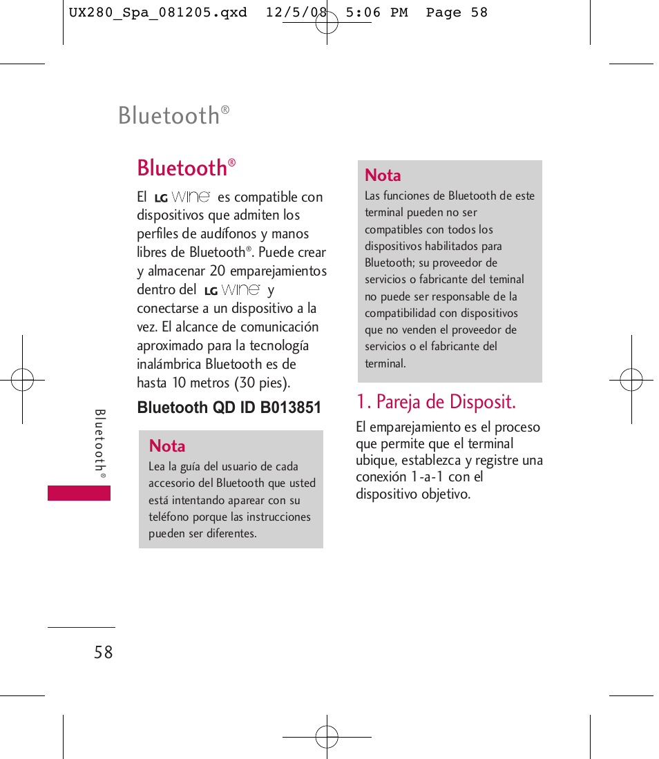 Bluetooth, Pareja de disposit, Nota | LG LGUX280 User Manual | Page 167 / 226