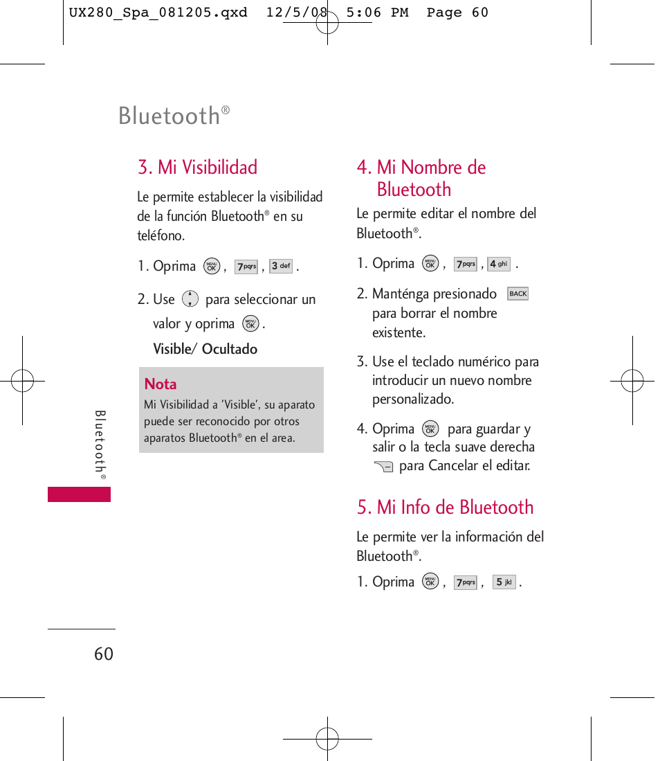 Bluetooth, Mi visibilidad, Mi nombre de bluetooth | Mi info de bluetooth | LG LGUX280 User Manual | Page 169 / 226