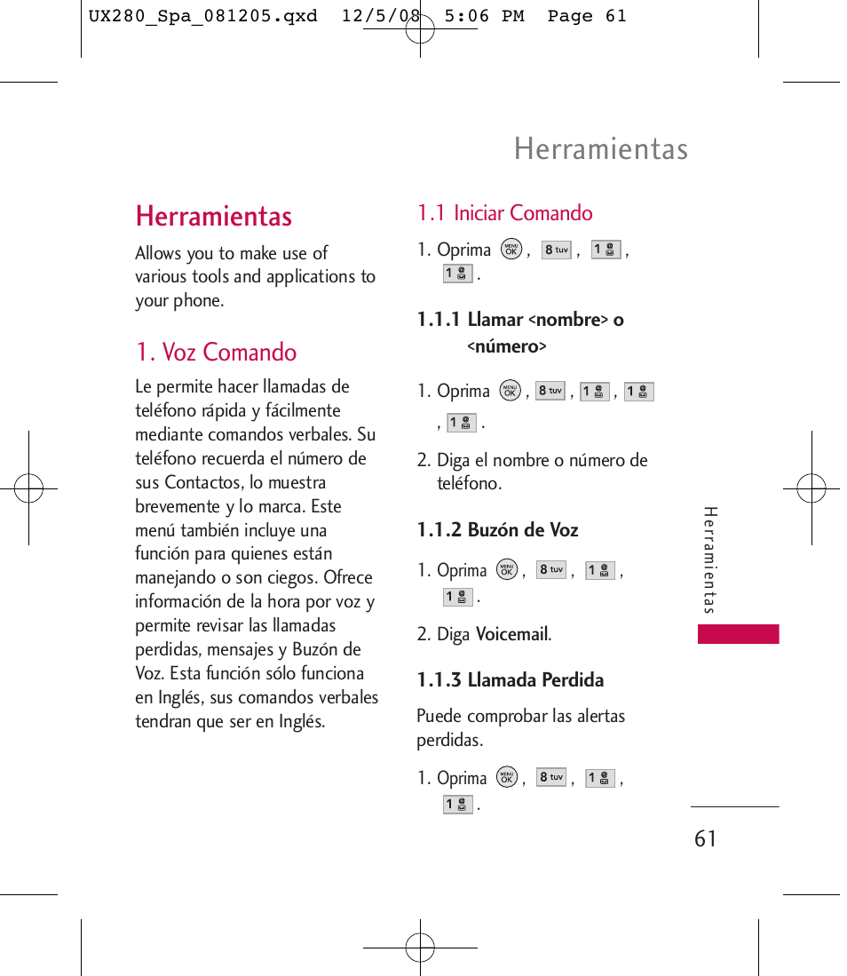 Herramientas, Voz comando | LG LGUX280 User Manual | Page 170 / 226