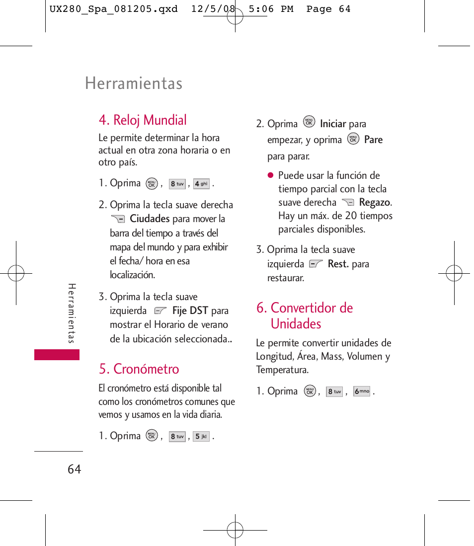 Herramientas, Reloj mundial, Cronómetro | Convertidor de unidades | LG LGUX280 User Manual | Page 173 / 226