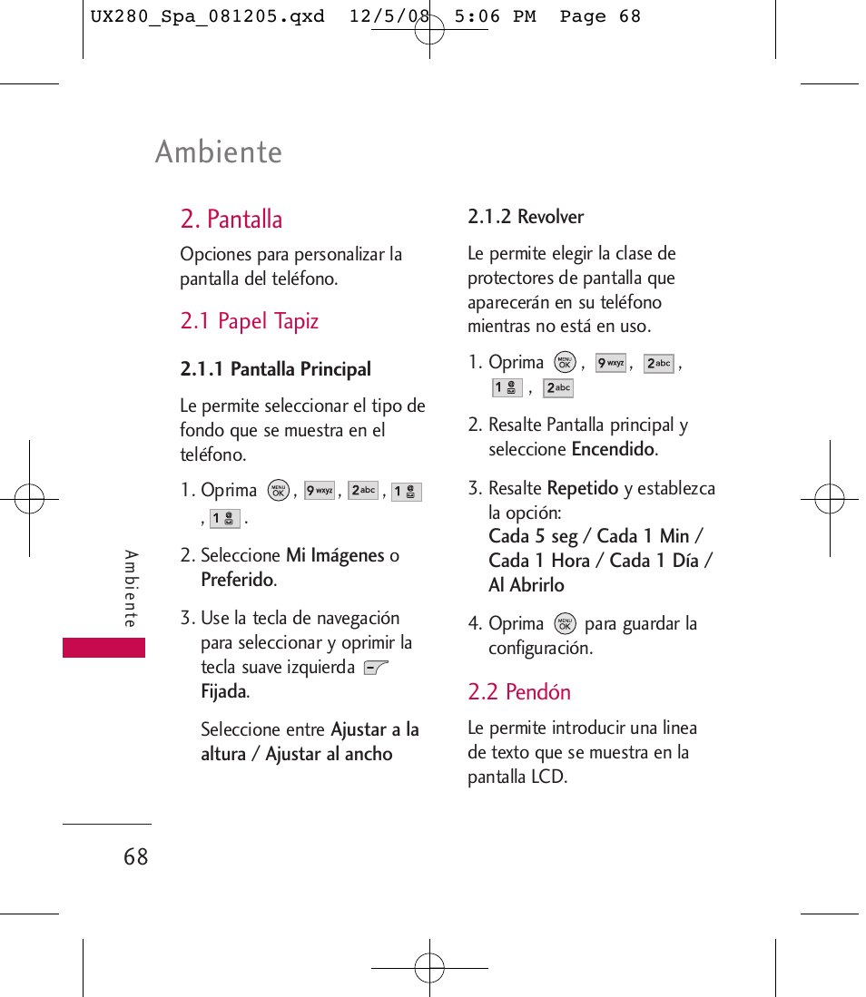 Ambiente, Pantalla | LG LGUX280 User Manual | Page 177 / 226