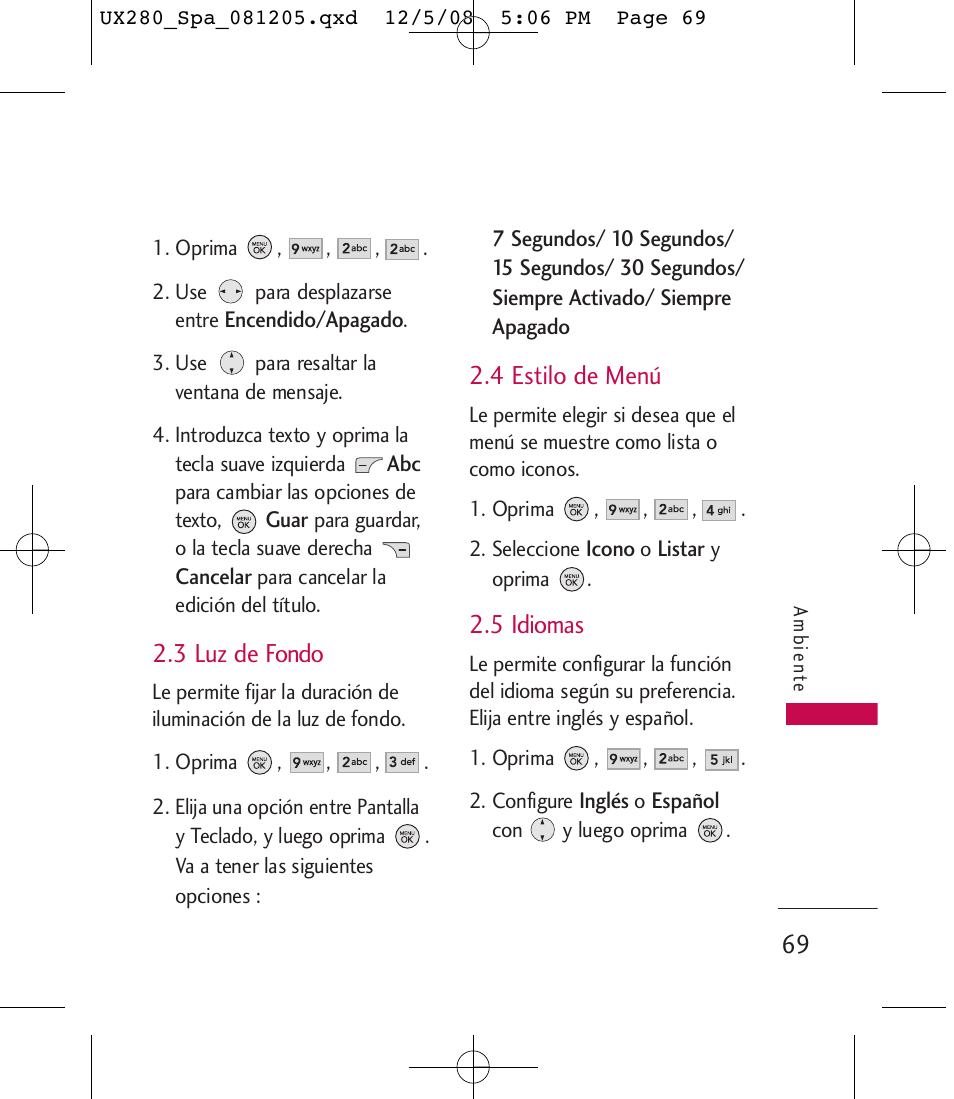 3 luz de fondo, 4 estilo de menú, 5 idiomas | LG LGUX280 User Manual | Page 178 / 226