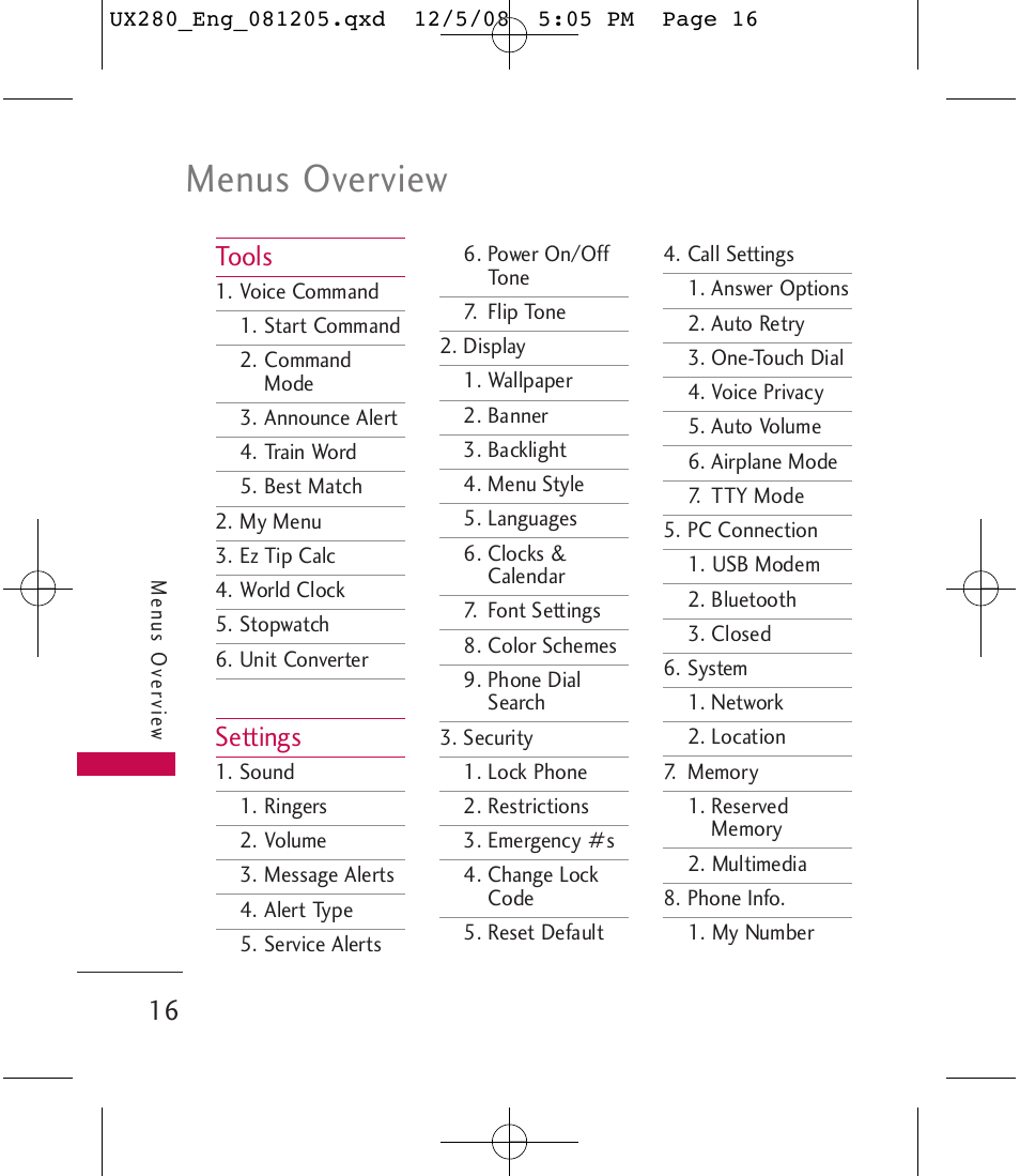 Menus overview, Tools, Settings | LG LGUX280 User Manual | Page 18 / 226