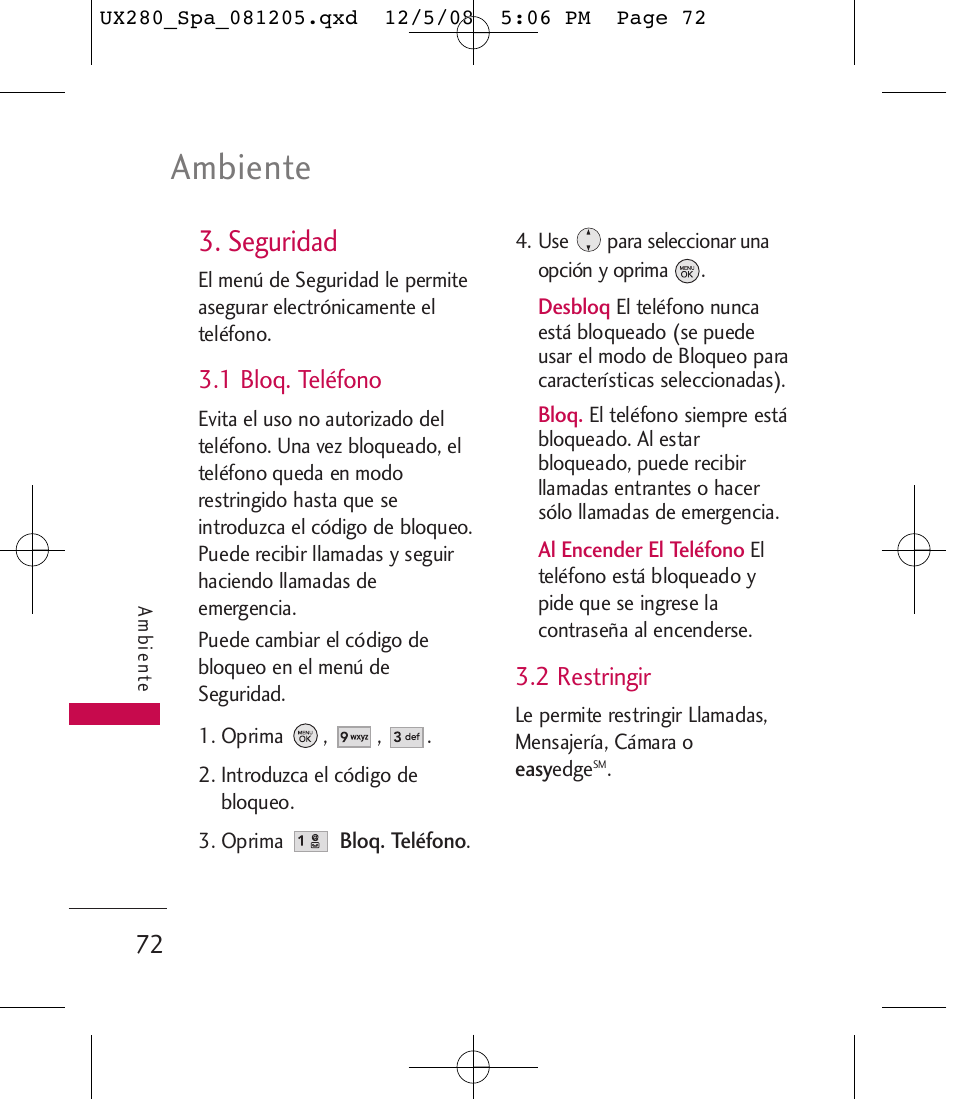 Ambiente, Seguridad | LG LGUX280 User Manual | Page 181 / 226