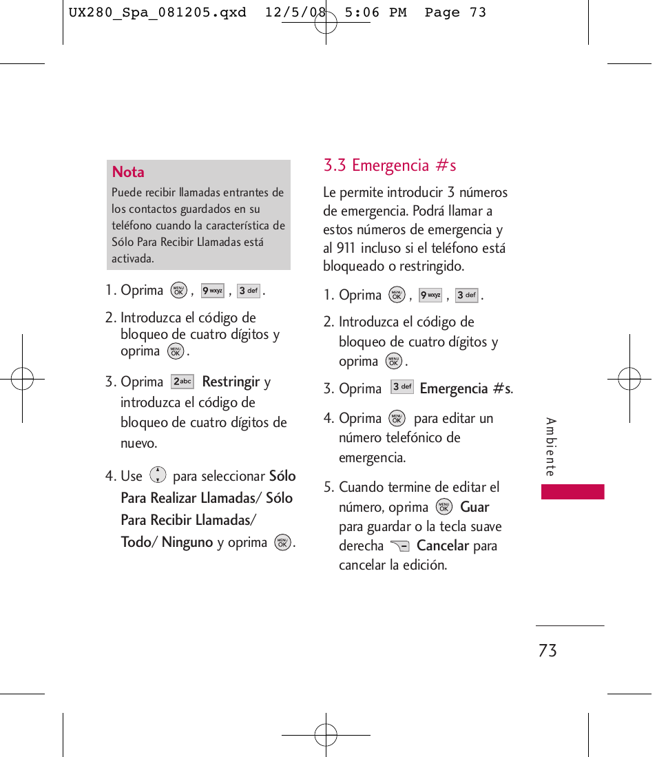 3 emergencia #s | LG LGUX280 User Manual | Page 182 / 226