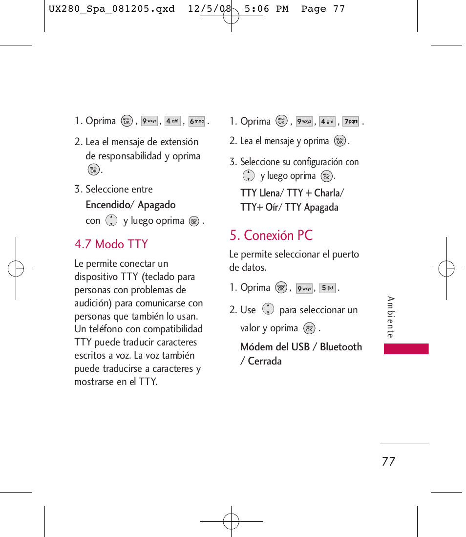 Conexión pc, 7 modo tty | LG LGUX280 User Manual | Page 186 / 226