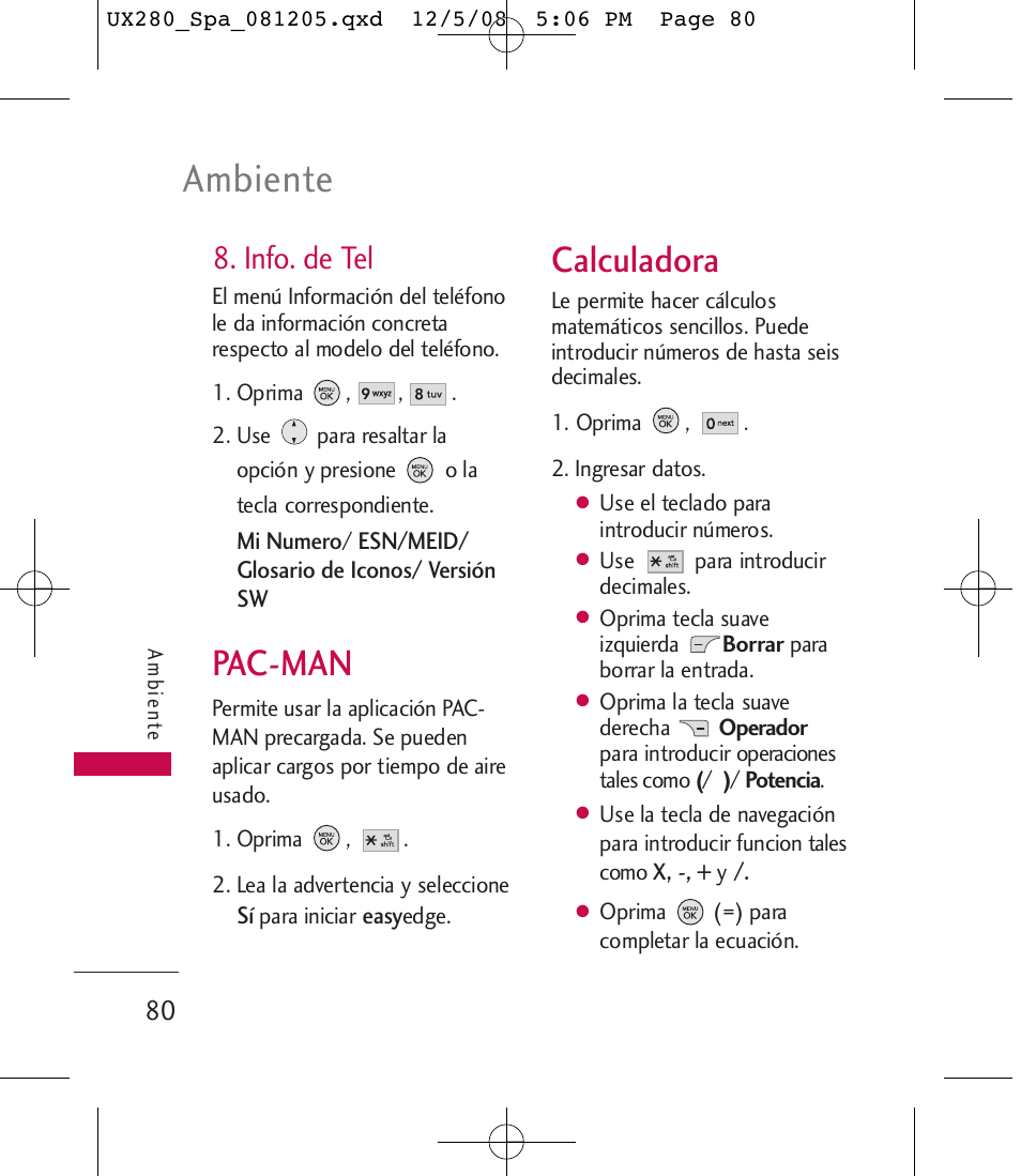 Ambiente, Pac-man, Calculadora | Info. de tel | LG LGUX280 User Manual | Page 189 / 226